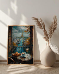 Paris Window Art Print, Eiffel Tower Decor - Croissant Cafe Landscape