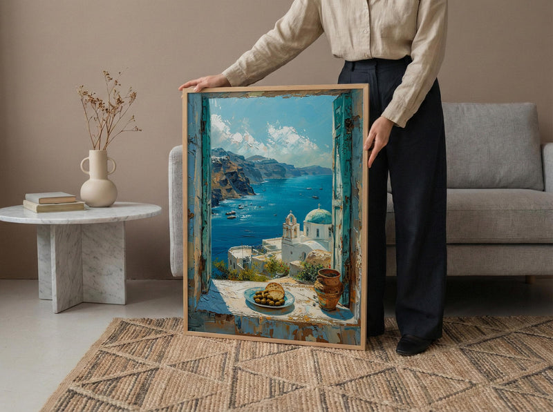 Santorini Window Art Print, Blue Dome Decor - Aegean Sea Greek Landscape