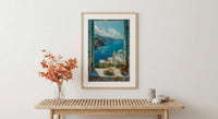 Santorini Window Art Print, Blue Dome Decor - Aegean Sea Greek Landscape