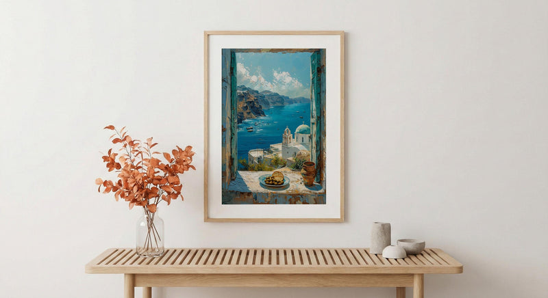 Santorini Window Art Print, Blue Dome Decor - Aegean Sea Greek Landscape