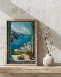 Santorini Window Art Print, Blue Dome Decor - Aegean Sea Greek Landscape