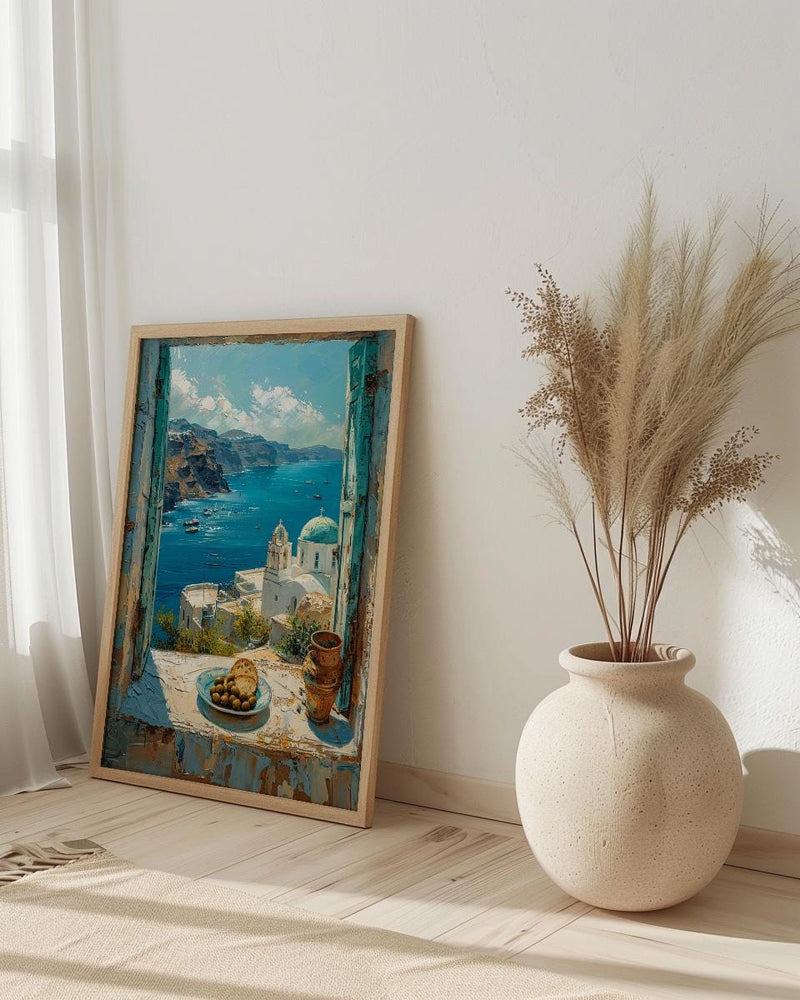 Santorini Window Art Print, Blue Dome Decor - Aegean Sea Greek Landscape