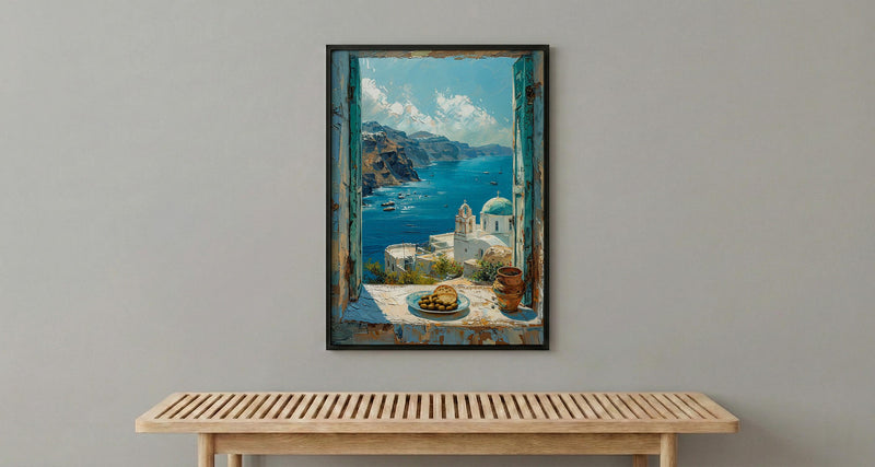 Santorini Window Art Print, Blue Dome Decor - Aegean Sea Greek Landscape