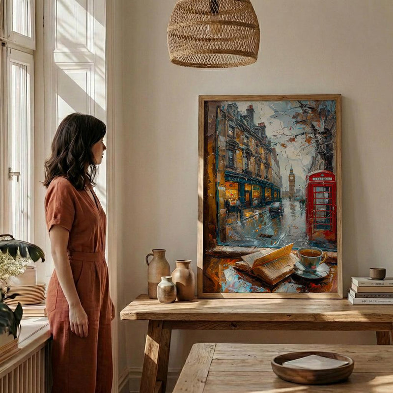 London Window Poster, Phone Booth Wall Decor - Rainy Street Tea Landscape