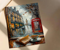 London Window Poster, Phone Booth Wall Decor - Rainy Street Tea Landscape