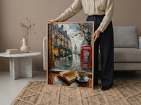 London Window Poster, Phone Booth Wall Decor - Rainy Street Tea Landscape