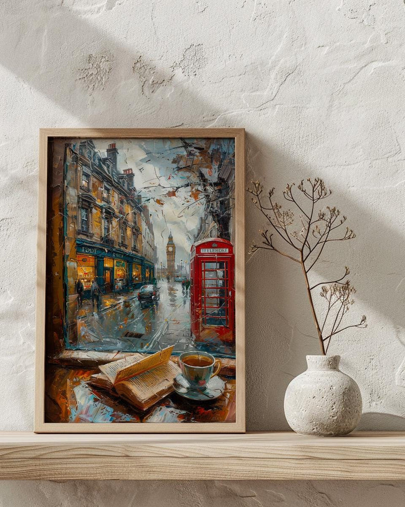 London Window Poster, Phone Booth Wall Decor - Rainy Street Tea Landscape