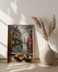 London Window Poster, Phone Booth Wall Decor - Rainy Street Tea Landscape