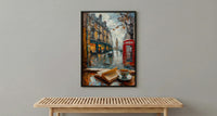 London Window Poster, Phone Booth Wall Decor - Rainy Street Tea Landscape