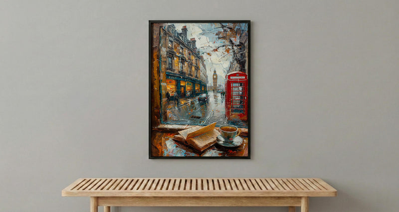 London Window Poster, Phone Booth Wall Decor - Rainy Street Tea Landscape