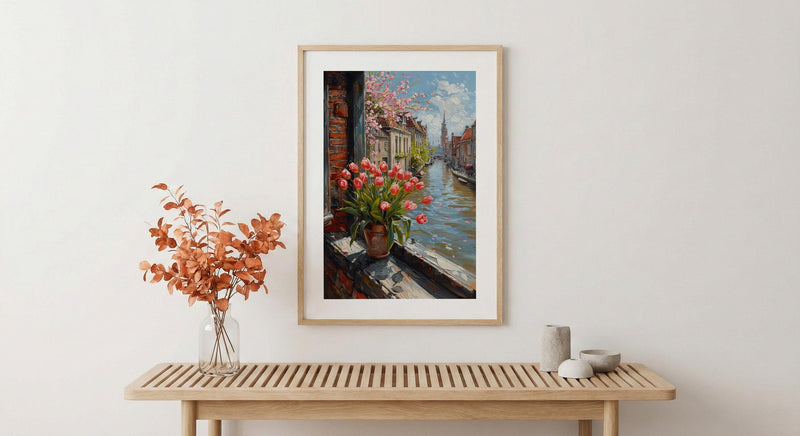 Amsterdam Window Wall Art, Canal House Decor - Red Tulip Spring Landscape