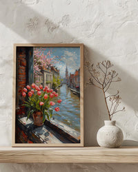 Amsterdam Window Wall Art, Canal House Decor - Red Tulip Spring Landscape