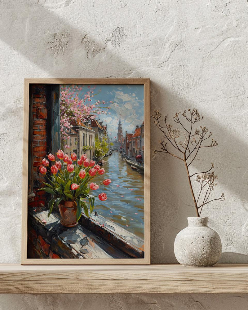 Amsterdam Window Wall Art, Canal House Decor - Red Tulip Spring Landscape