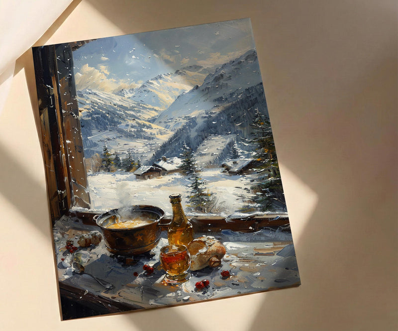Switzerland Window Art Print, Alps Mountain Decor - Cheese Fondue Landscape