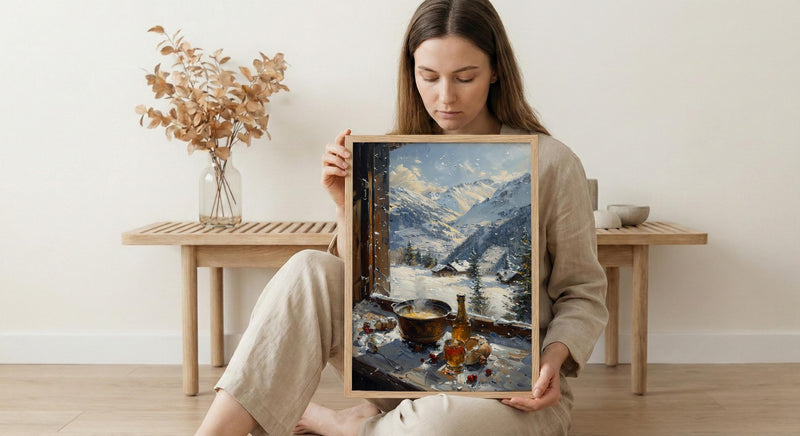 Switzerland Window Art Print, Alps Mountain Decor - Cheese Fondue Landscape