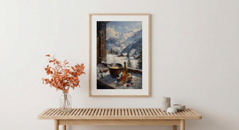 Switzerland Window Art Print, Alps Mountain Decor - Cheese Fondue Landscape