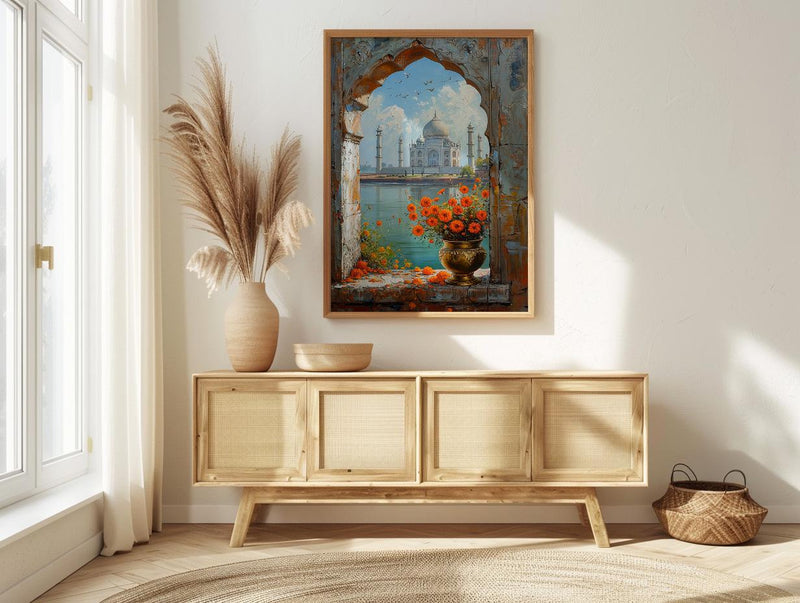 Taj Mahal Window Art Print, India Decor - Marigold Sunrise Landscape