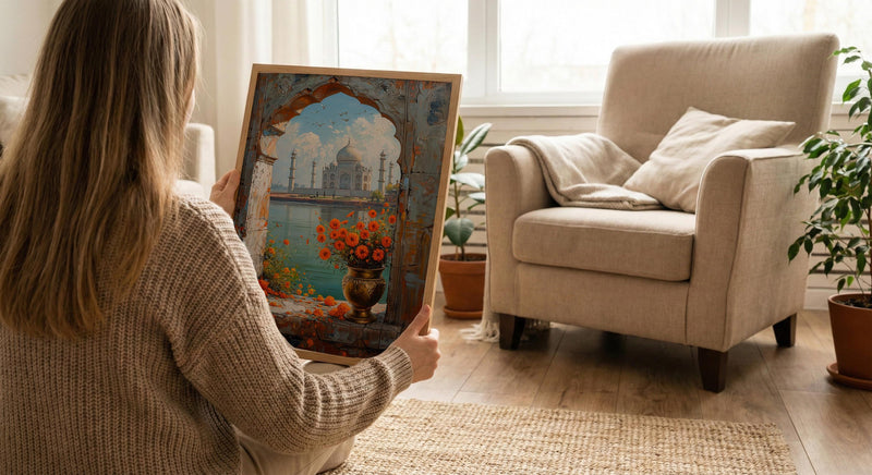Taj Mahal Window Art Print, India Decor - Marigold Sunrise Landscape
