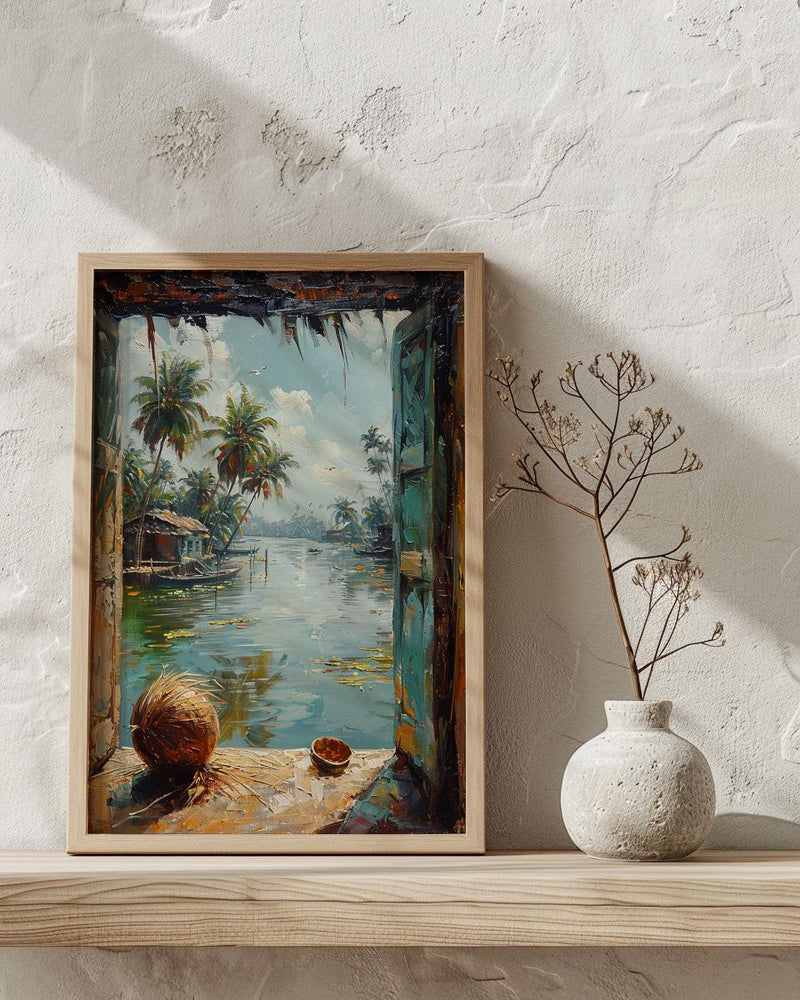 Kerala Window Poster, Tropical Jungle Decor - Backwaters Coconut Art