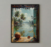 Kerala Window Poster, Tropical Jungle Decor - Backwaters Coconut Art