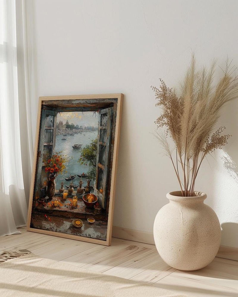Varanasi Window Wall Art, Ganges River Decor - Spiritual Sunset Print