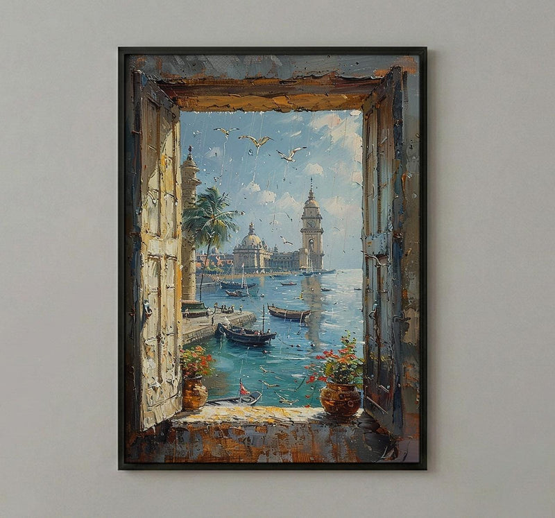 Mumbai Window Poster, Rainy City Wall Decor - Gateway of India Art