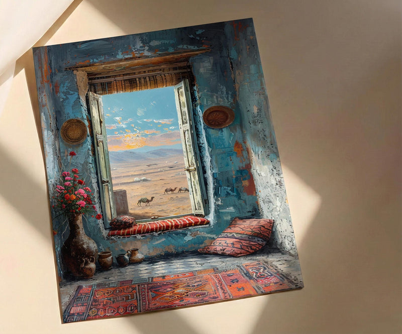 Rajasthan Desert Art Print, Camel Landscape Decor - Boho Pottery Poster