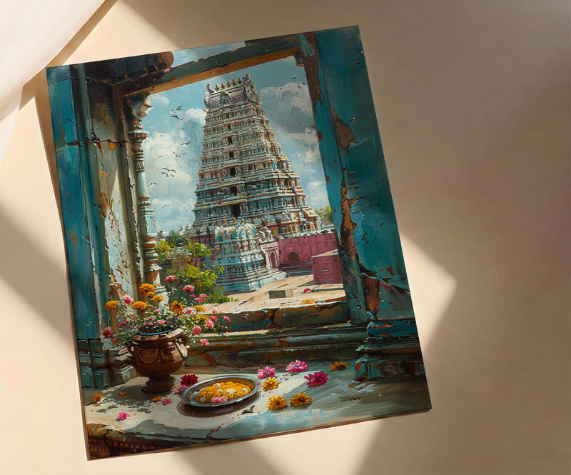 India Temple Art Print, Spiritual Window Decor - Colorful Gopuram Poster