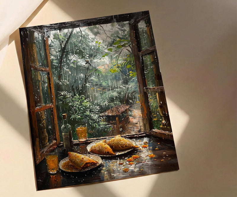 Monsoon Garden Poster, Rainy Window Decor - India Samosa Snack Art