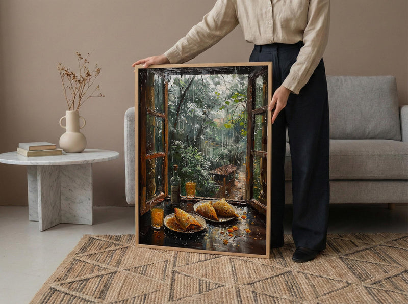 Monsoon Garden Poster, Rainy Window Decor - India Samosa Snack Art