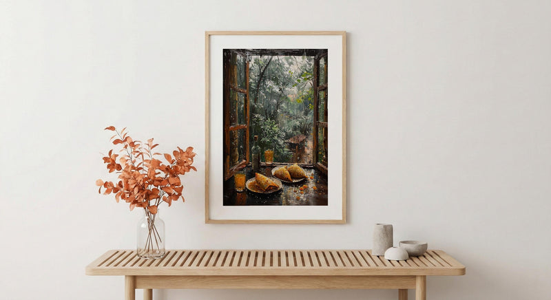 Monsoon Garden Poster, Rainy Window Decor - India Samosa Snack Art