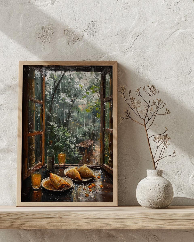 Monsoon Garden Poster, Rainy Window Decor - India Samosa Snack Art