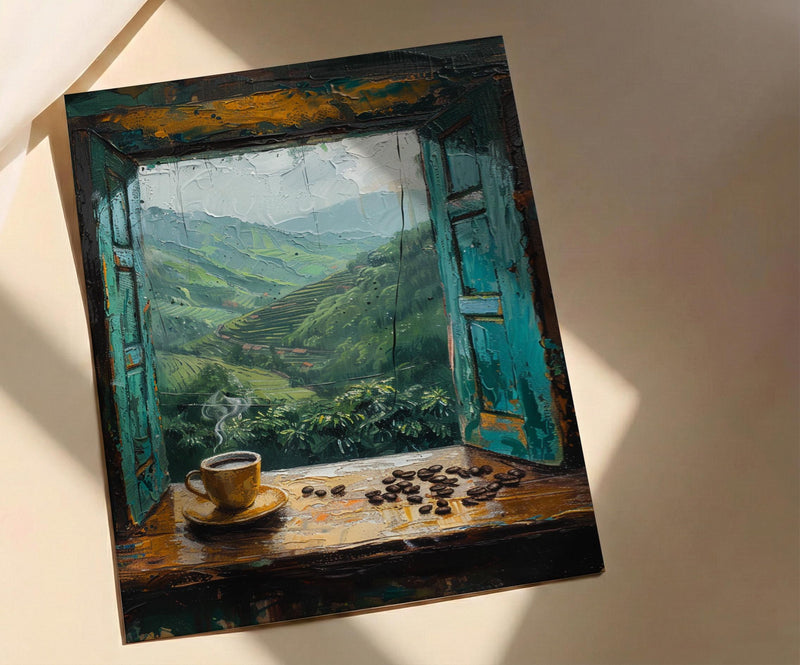 Colombia Window Wall Art, Coffee Farm Decor - Misty Mountain Landscape