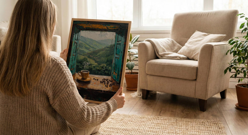 Colombia Window Wall Art, Coffee Farm Decor - Misty Mountain Landscape