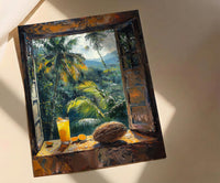 Costa Rica Window Poster, Jungle Rain Decor - Toucan Coconut Art