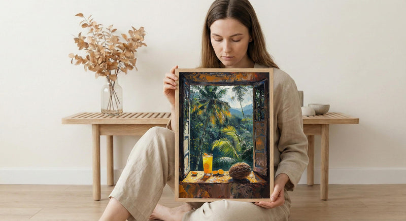 Costa Rica Window Poster, Jungle Rain Decor - Toucan Coconut Art