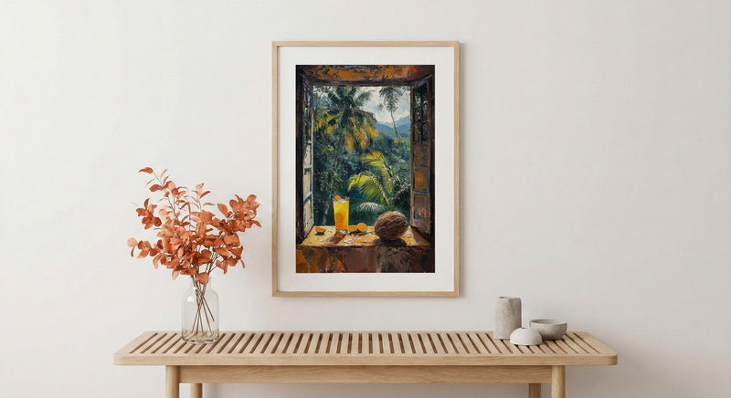 Costa Rica Window Poster, Jungle Rain Decor - Toucan Coconut Art