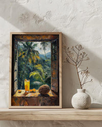 Costa Rica Window Poster, Jungle Rain Decor - Toucan Coconut Art