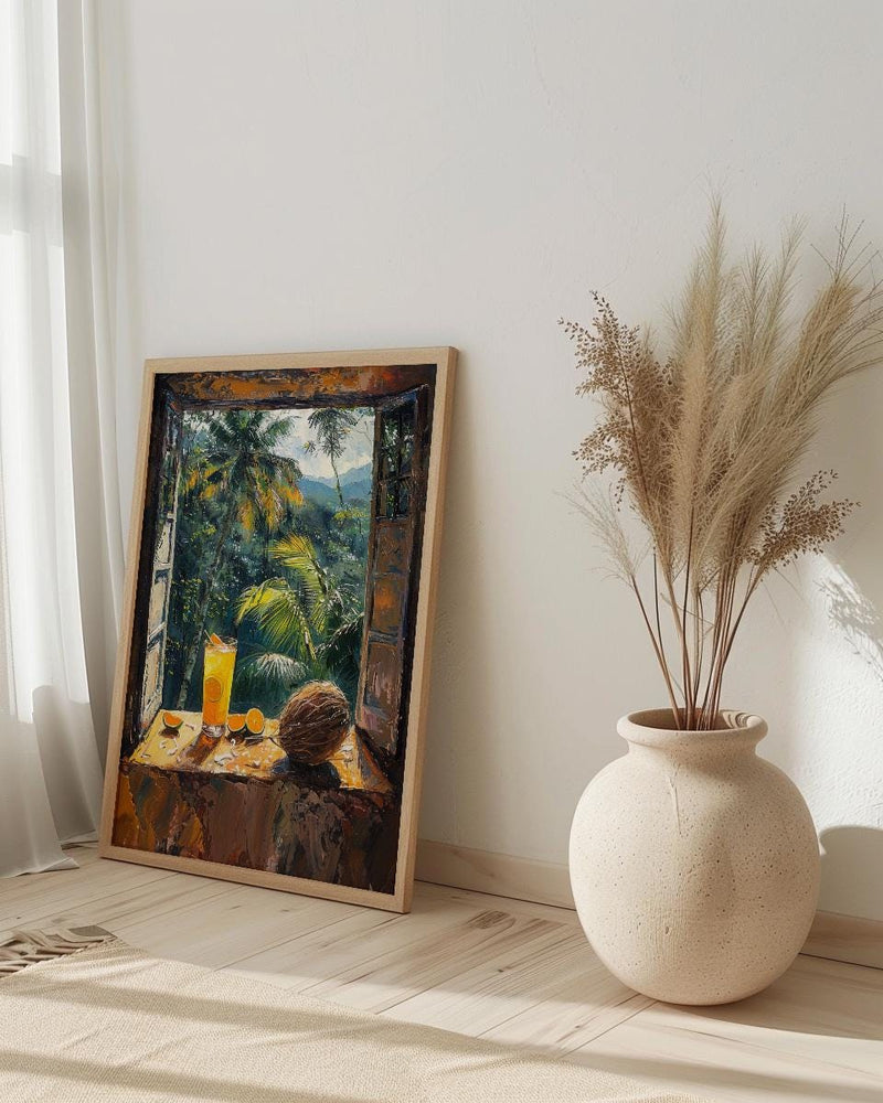 Costa Rica Window Poster, Jungle Rain Decor - Toucan Coconut Art