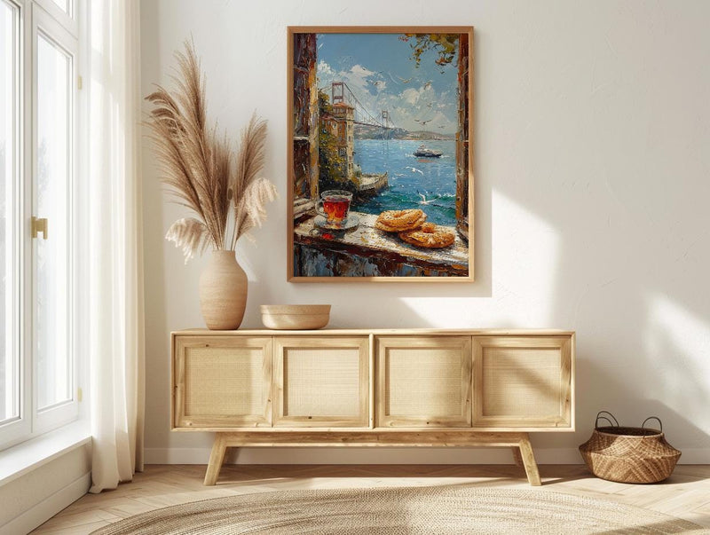 Istanbul Window Art Print, Bosphorus Decor - Turkish Tea Simit View