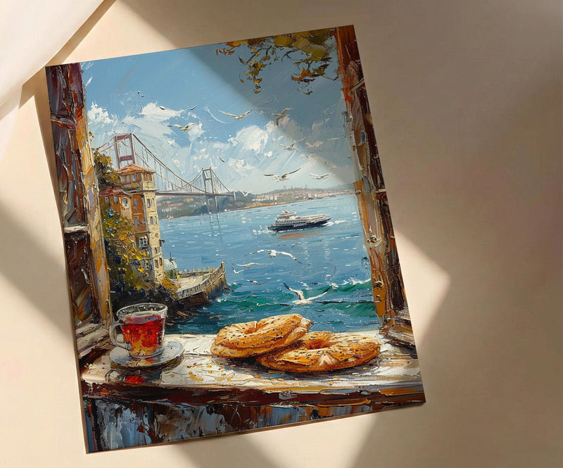 Istanbul Window Art Print, Bosphorus Decor - Turkish Tea Simit View