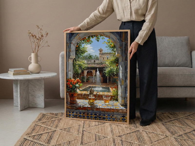 Morocco Riad Window Poster, Courtyard Decor - Mint Tea Boho Art