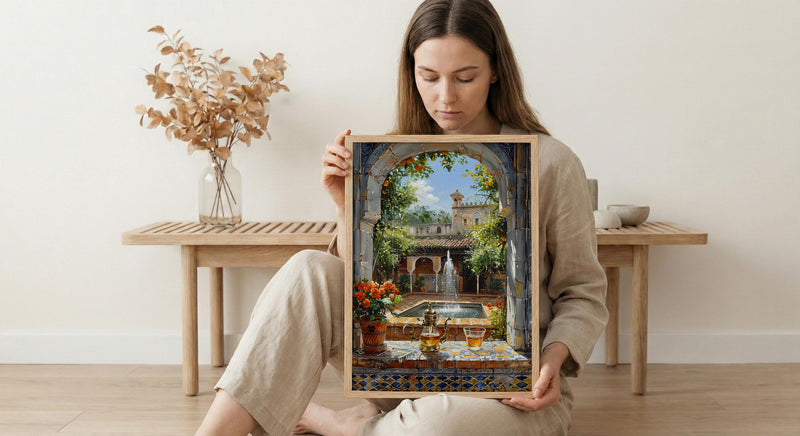 Morocco Riad Window Poster, Courtyard Decor - Mint Tea Boho Art