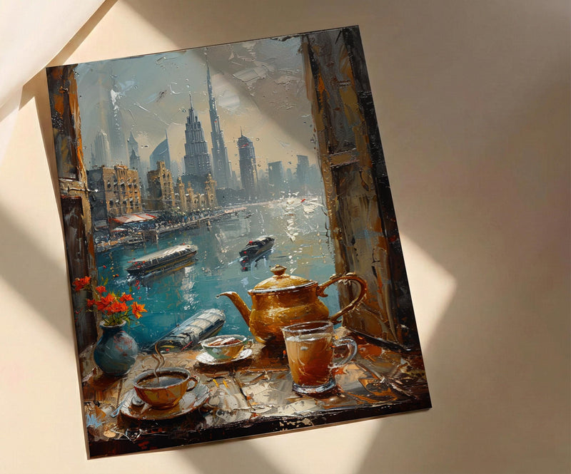 Dubai Window Art Print, Skyline Decor - Burj Khalifa Arabic Coffee