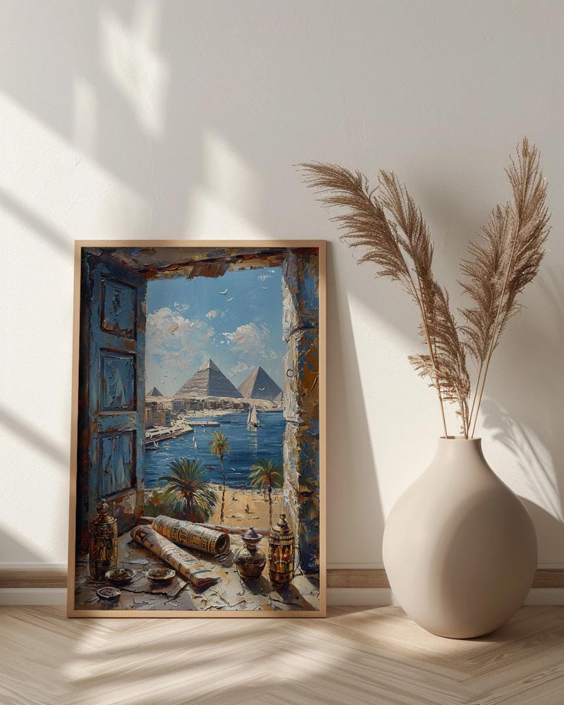 Egypt Window Wall Art, Great Pyramid Decor - Sphinx Desert Landscape