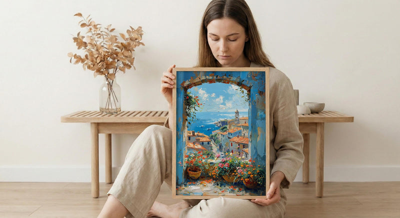 Chefchaouen Window Art Print, Blue City Decor - Woven Basket Landscape