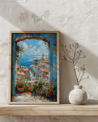 Chefchaouen Window Art Print, Blue City Decor - Woven Basket Landscape