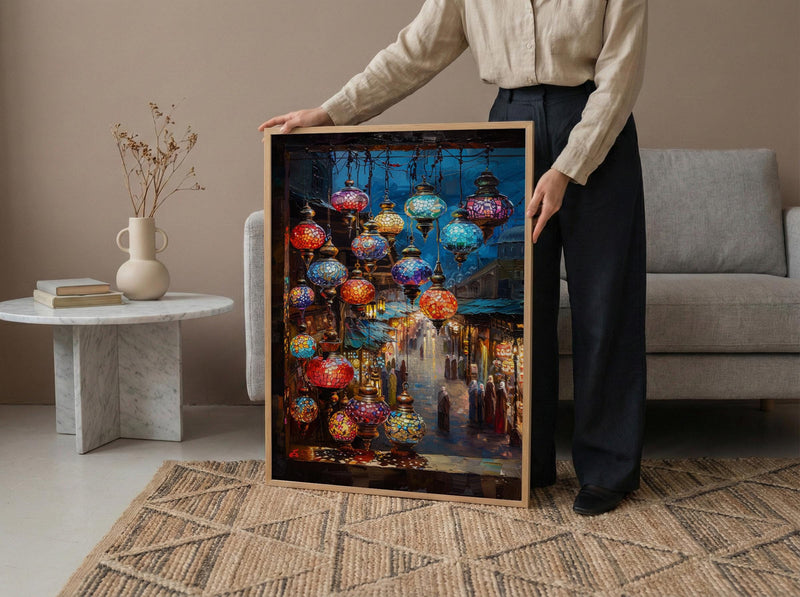 Bazaar Window Poster, Mosaic Lamp Decor - Night Market Street Art