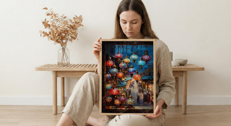 Bazaar Window Poster, Mosaic Lamp Decor - Night Market Street Art