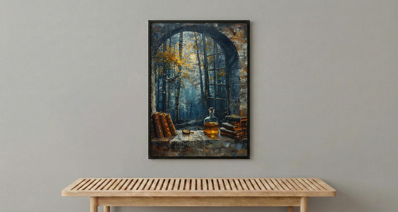 Witchy Window Art Print, Gothic Forest Decor - Potion Bottle Landscape